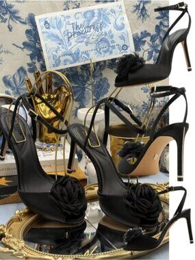 🆕 TED BAKER 🧿 NWOB Liv Floral Ankle Strap Heel Sandal, Black - Sz EU 38.5 US 8